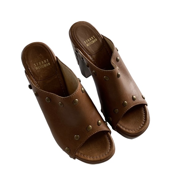 Stuart Weizmann Brown Leather Platform Studded Clogs . - Picture 12 of 12